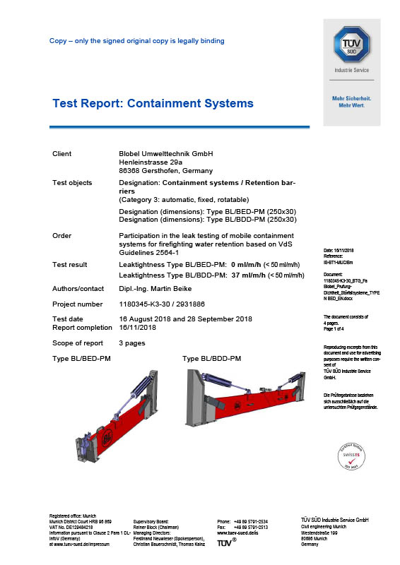 Picture of the TÜV certificate for the spill barriers - retention barriers BL/BED-PM and BL/BDD-PM.
